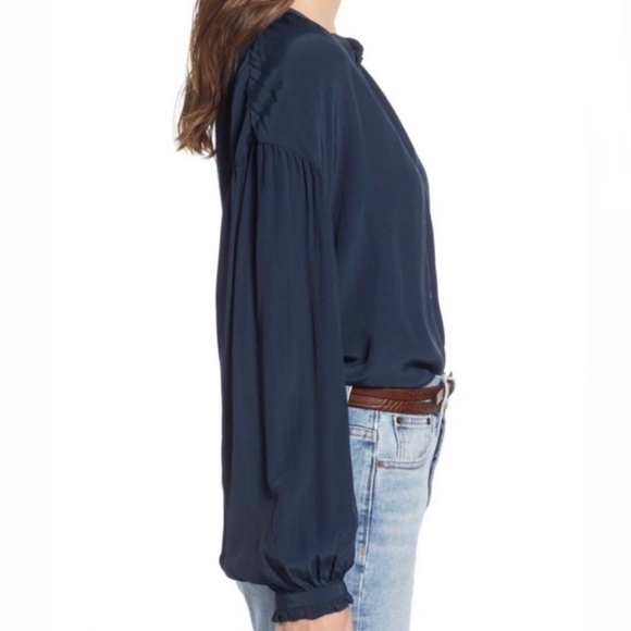 Something Navy Draped Pleated Long Sleeve Navy Blue Buttondown Blouse Top Small - Picture 6 of 12